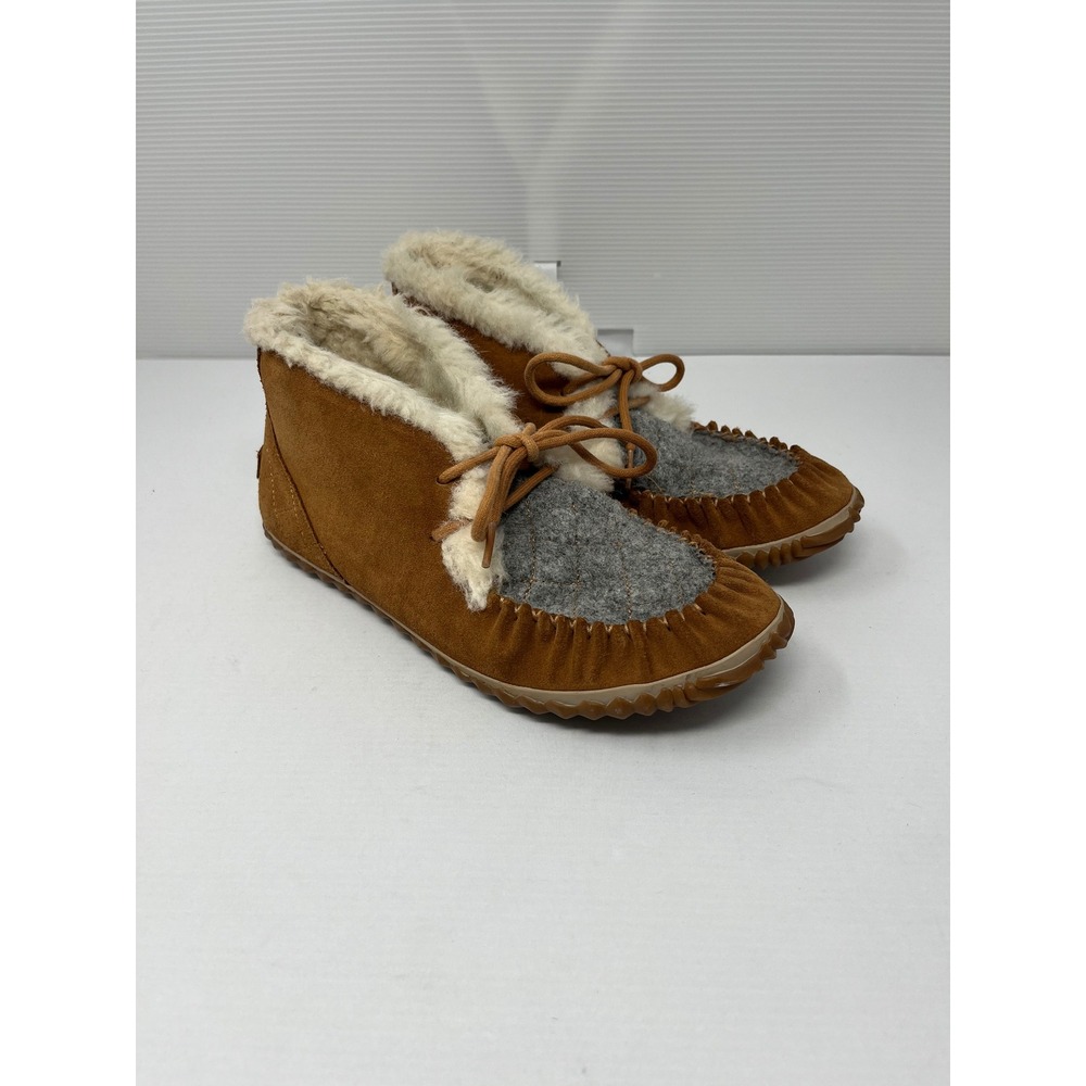 Sorel Nakiska Moc II Suede Faux Fur Slippers Brown Grey NL2356-286 Womens 9.5